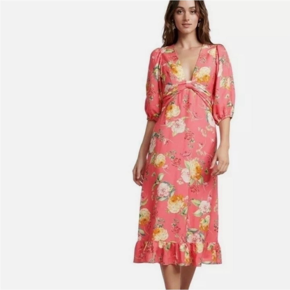 Ever new linen coral Midi Dress with Ruffle Hem us2 xs